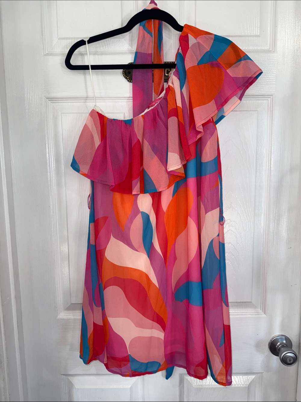 Flying Tomato Pink Orange Blue Abstract One-Shoulder Dress - Picture 3 of 6